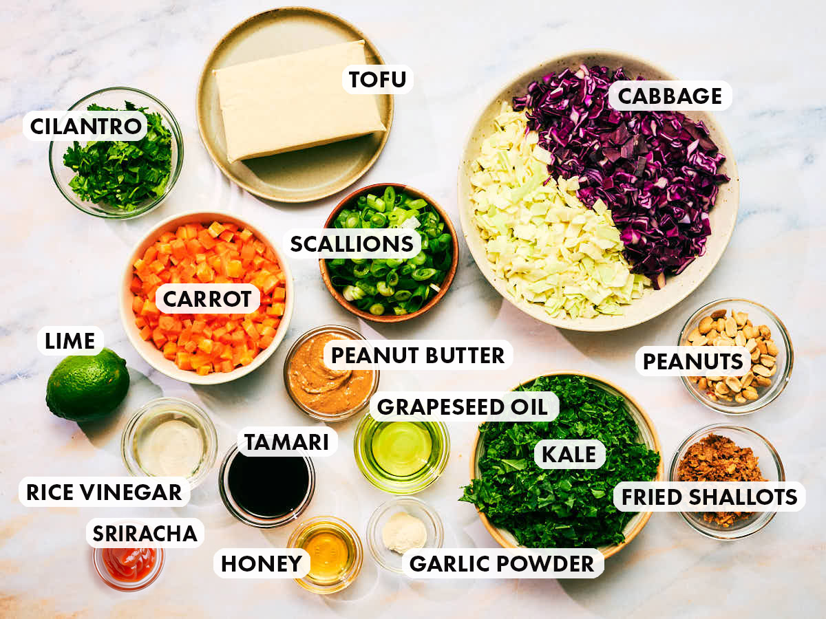 Ingredients to make Evergreen Kitchen's high protein Asian Crunch Salad with cabbage.