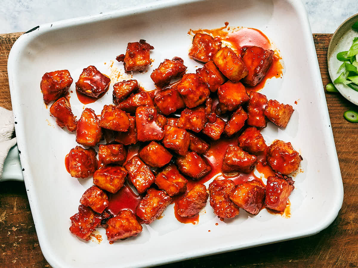 Easy high protein Gochujang Tofu on a sheet pan.