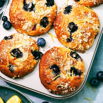 Easy, tender Blueberry Cottage Cheese Muffins with lemon sugar.
