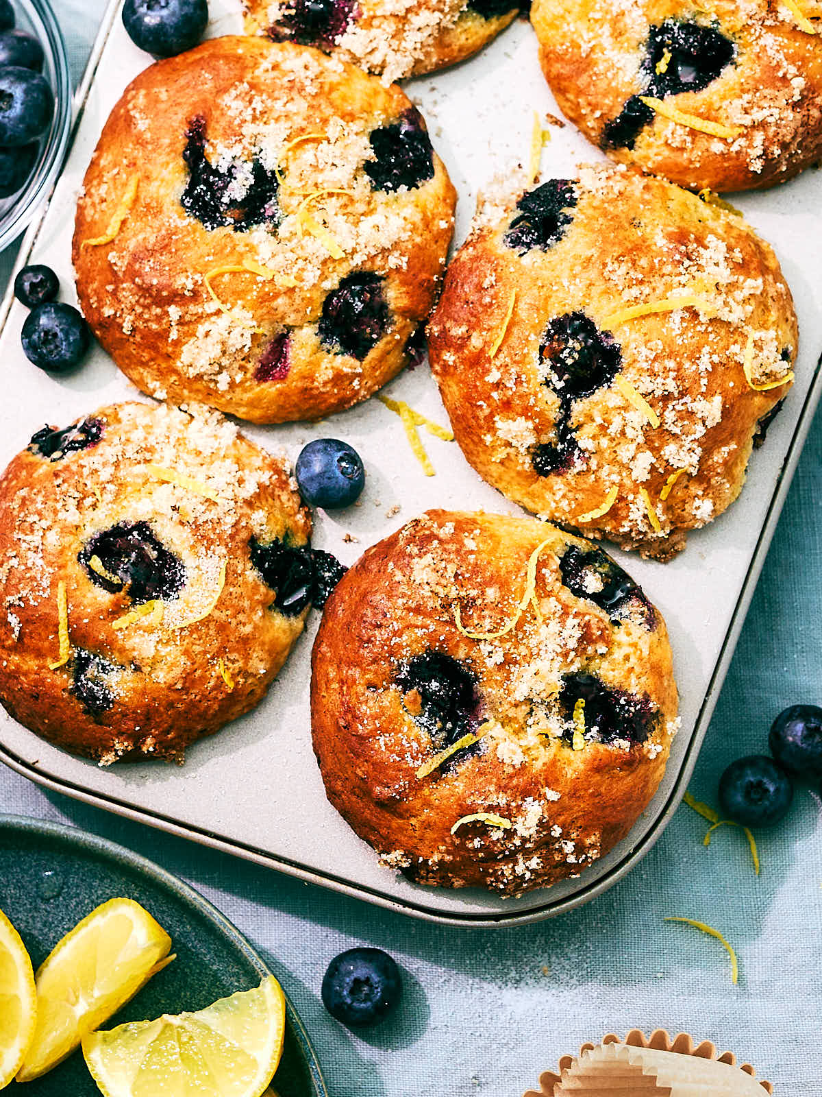 Easy, tender Blueberry Cottage Cheese Muffins with lemon sugar.