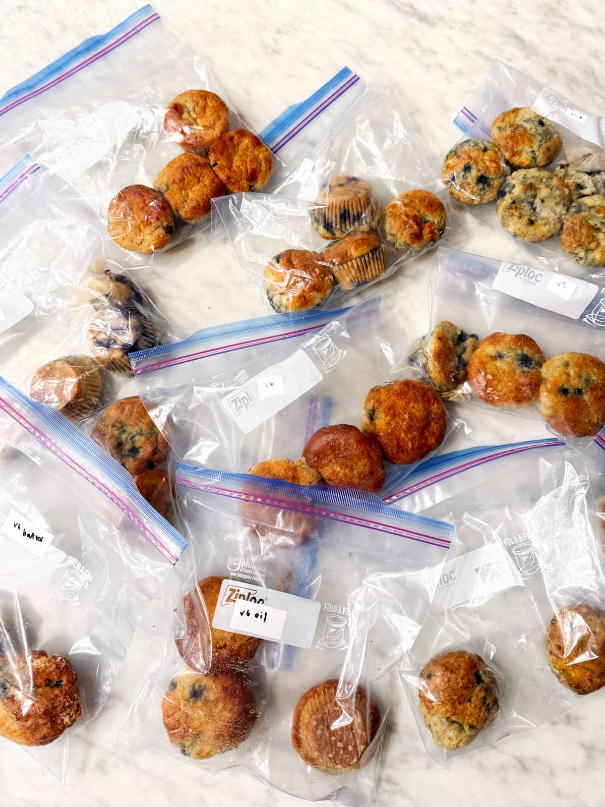 Different Blueberry Cottage Cheese Muffins in resealable bags.