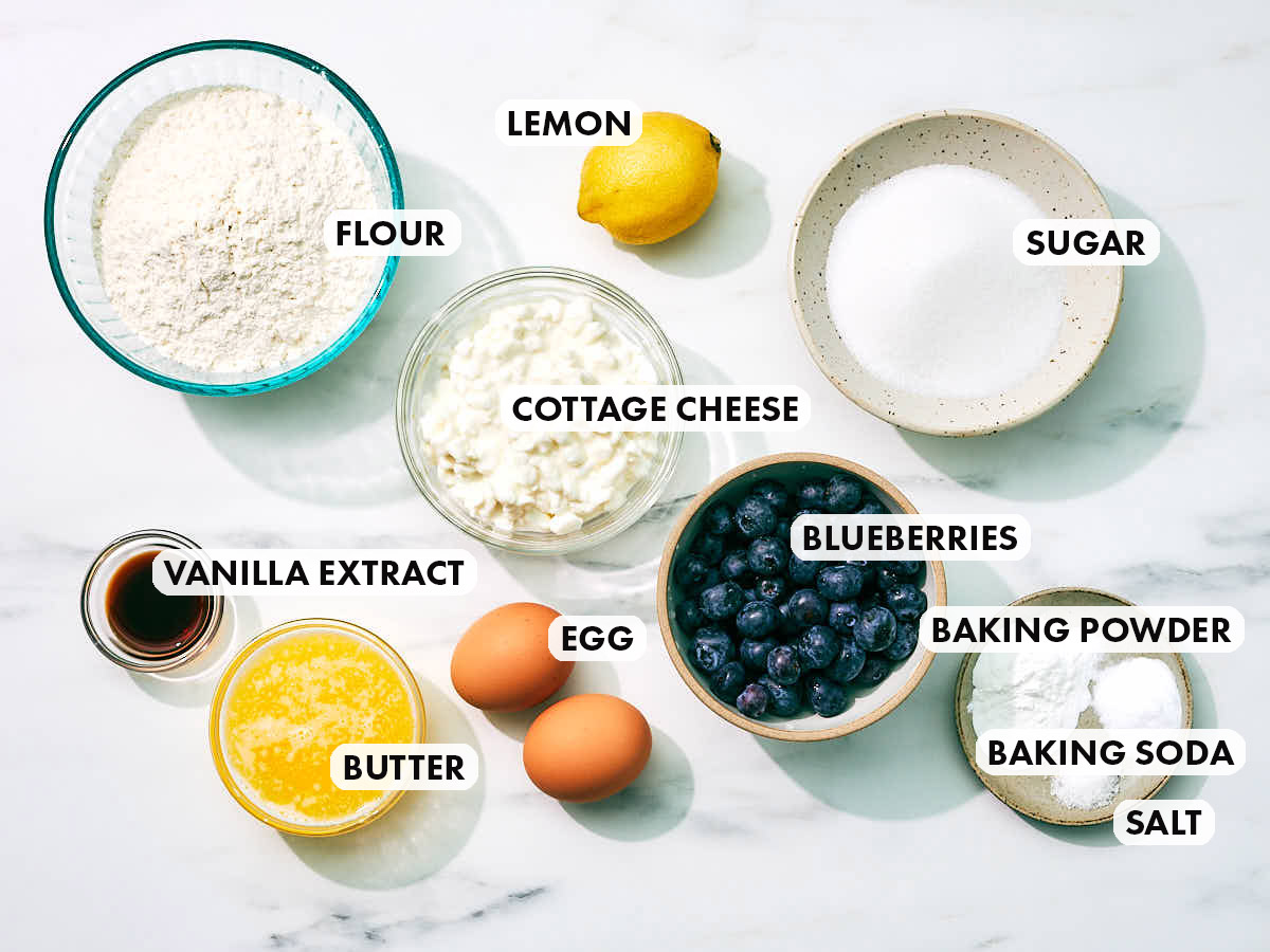 Ingredients to make Evergreen Kitchen's Cottage Cheese Blueberry Muffin recipe.