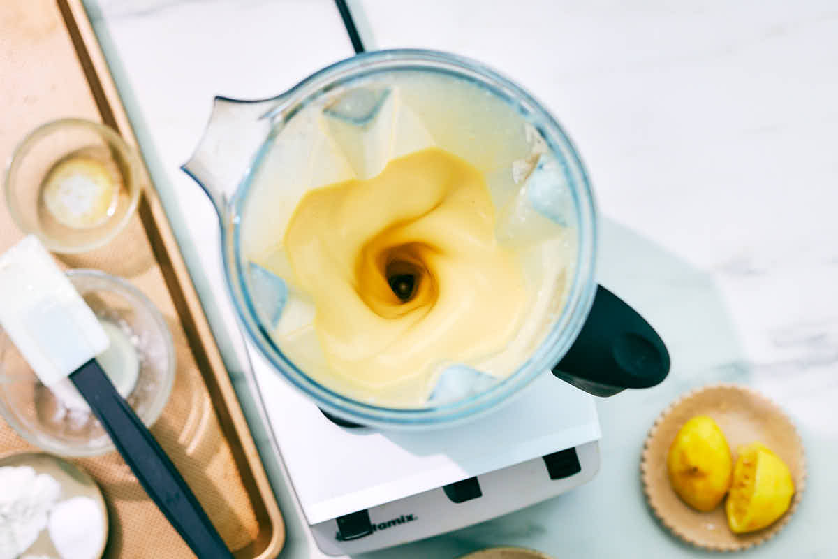 Wet ingredients for cottage muffins being blended.