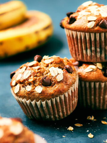 Banana Cottage Cheese Muffins with chocolate chips and oats.