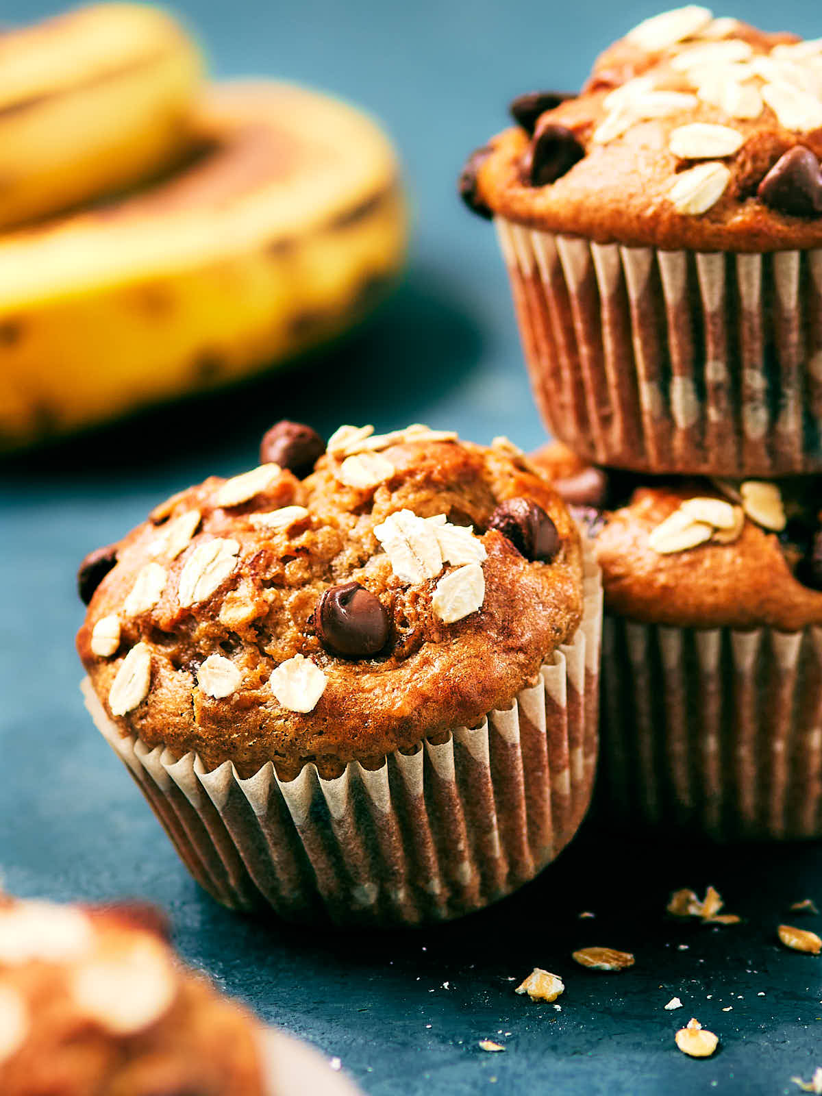 Banana Cottage Cheese Muffins with chocolate chips and oats.