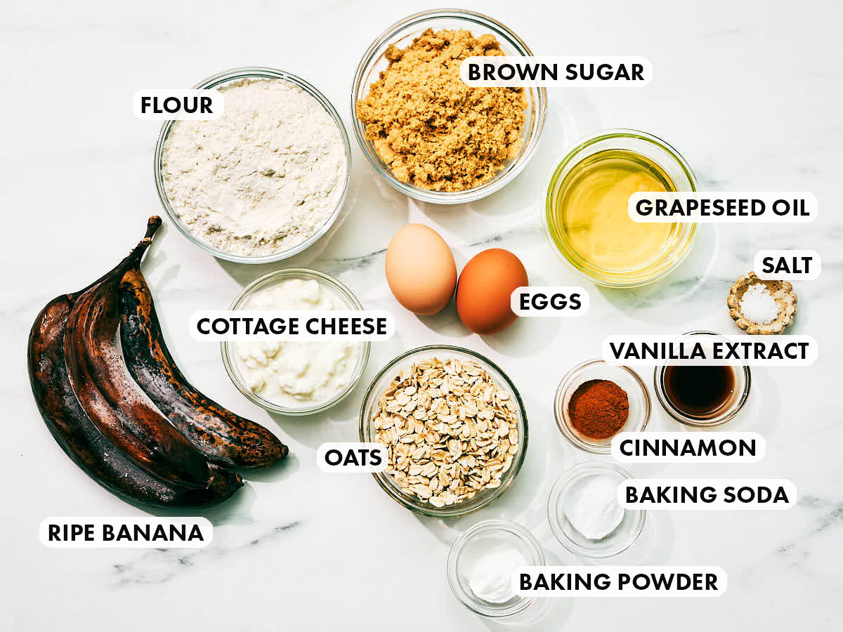 Ingredients to make Evergreen Kitchen's Banana Cottage Cheese Muffins with oats.