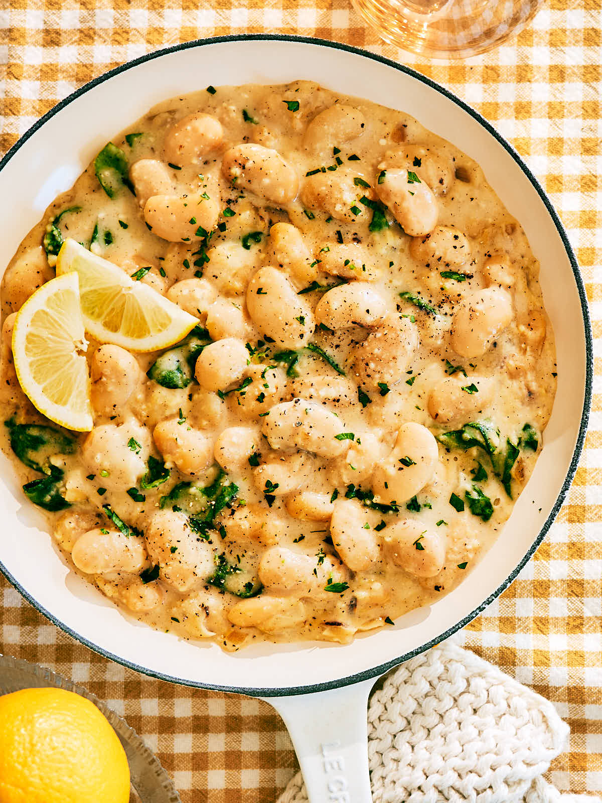 High Protein Creamy Lemon Butter Beans with Cottage Cheese in skillet.