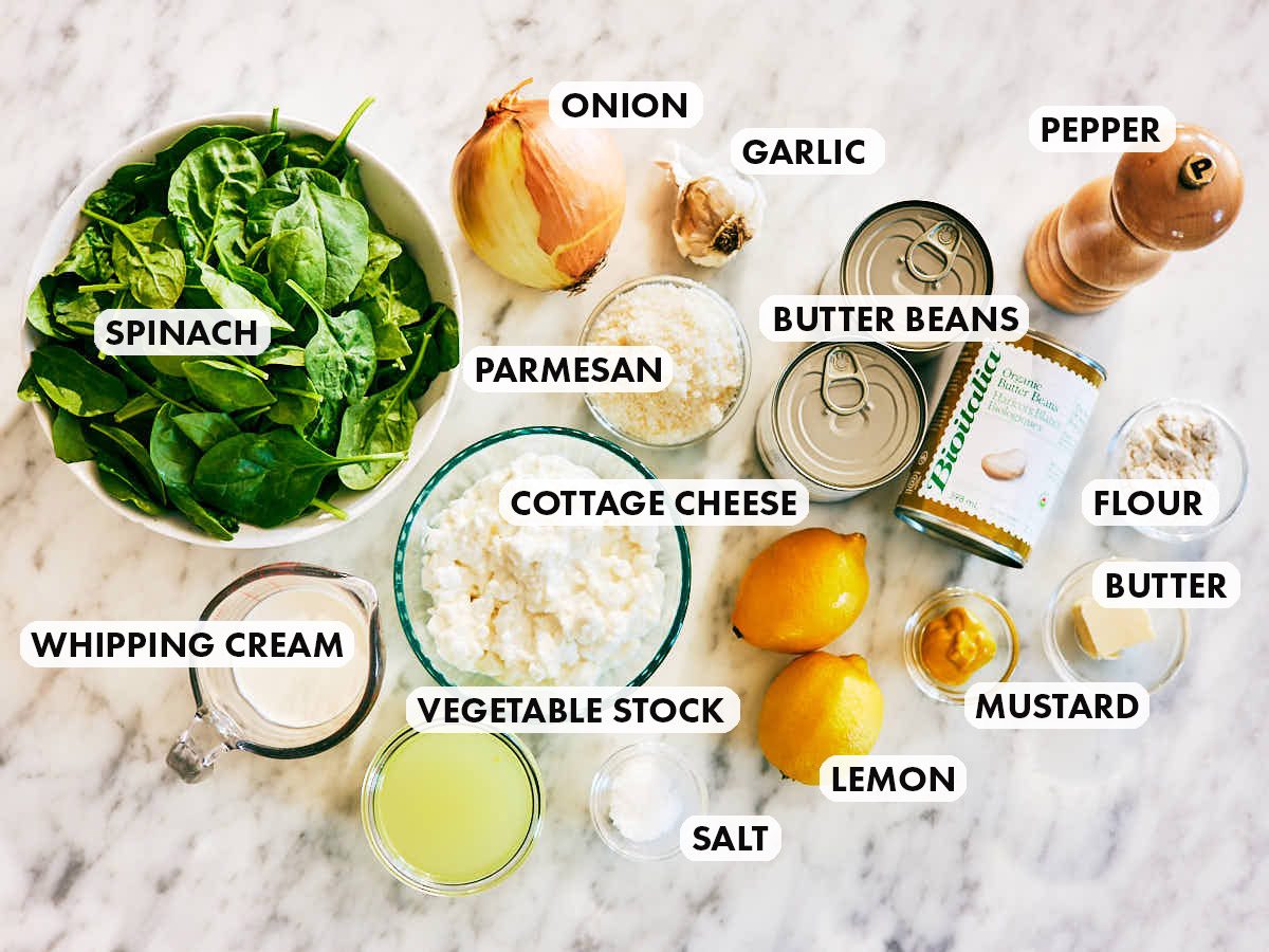 Ingredients to make Evergreen Kitchen's high protein Creamy Lemon Butter Beans.