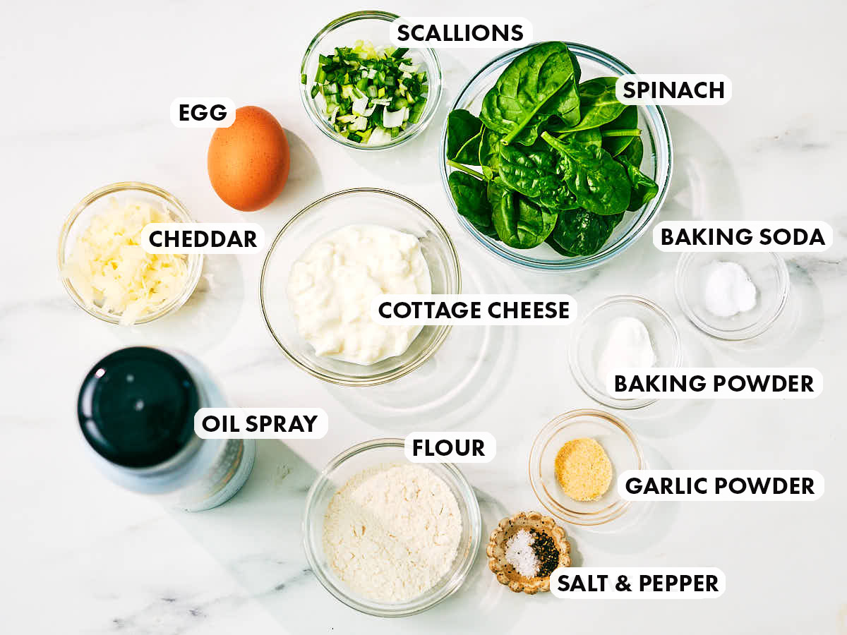 Ingredients to make Evergreen Kitchen's high protein savory waffles with cottage cheese.
