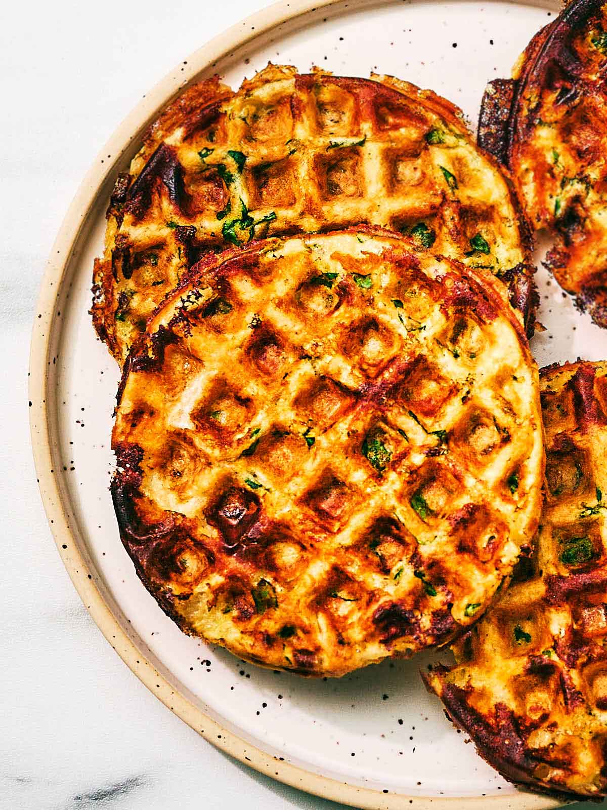 Savory Cottage Cheese High Protein Waffles on a plate.