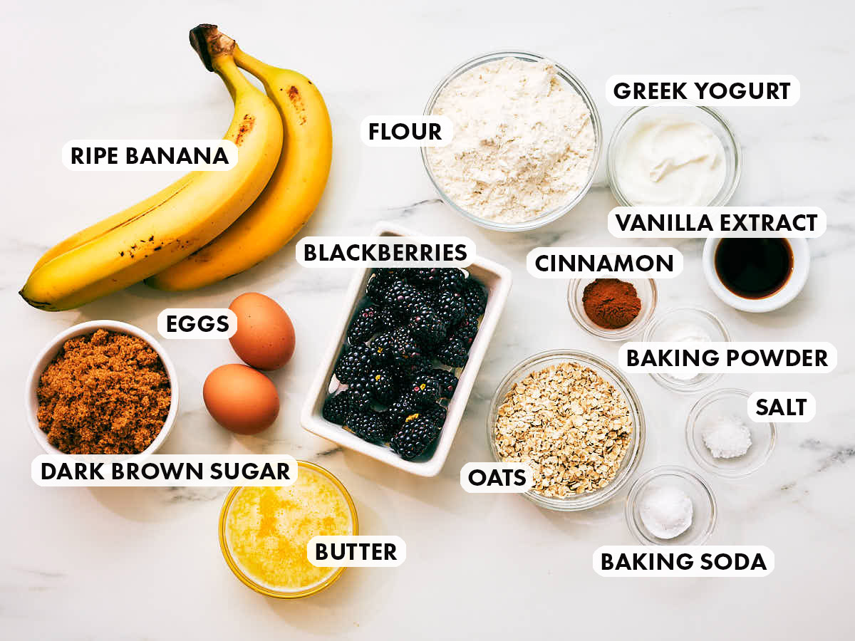 Ingredients to make Evergreen Kitchen's Banana and Blackberry Muffin recipe.
