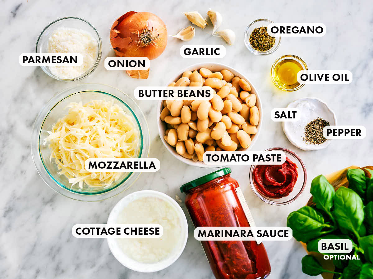 Ingredients to make Evergreen Kitchen's vegetarian High Protein Pizza Beans.