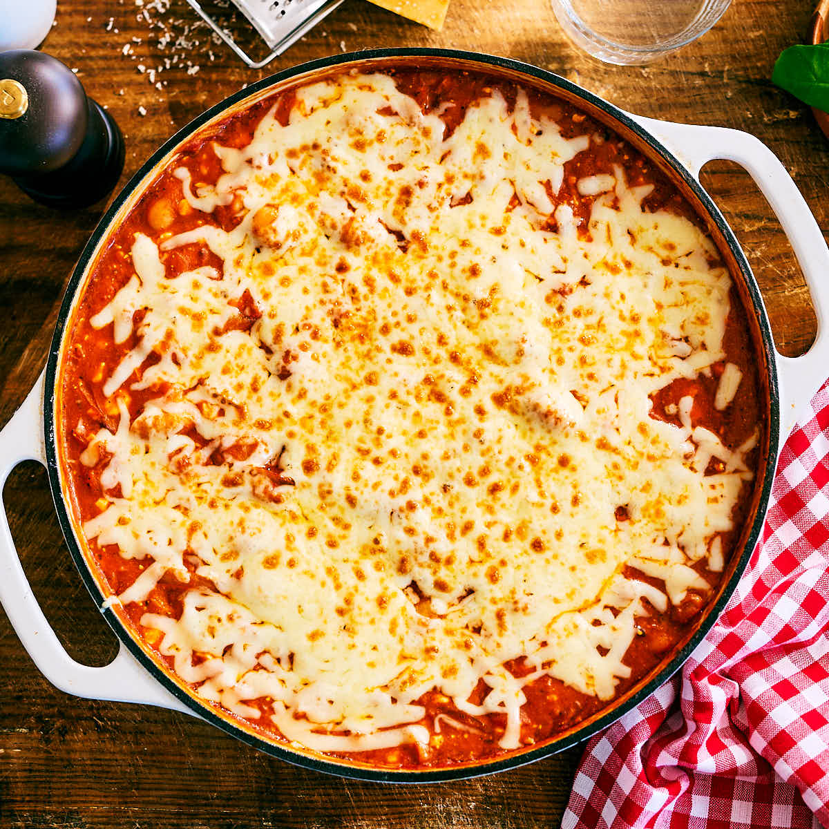 One pan high protein pizza beans with cottage cheese in skillet.