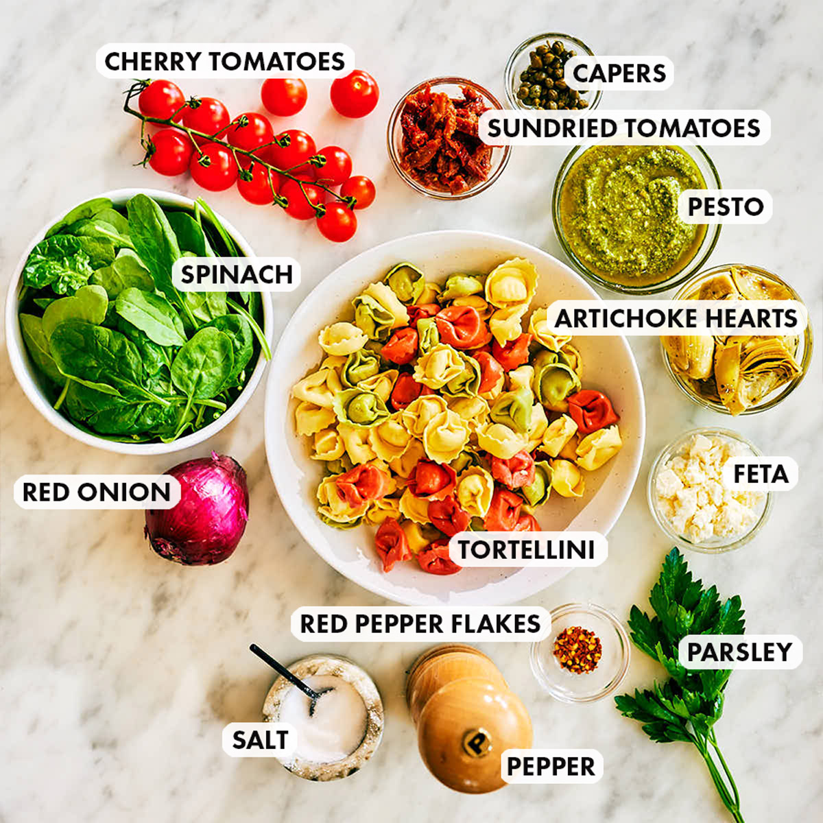 Ingredients to make Evergreen Kitchen's Pesto Tortellini Pasta Salad recipe.