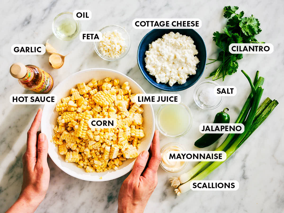 Ingredients to make easy high protein Street Corn Dip with cottage cheese.