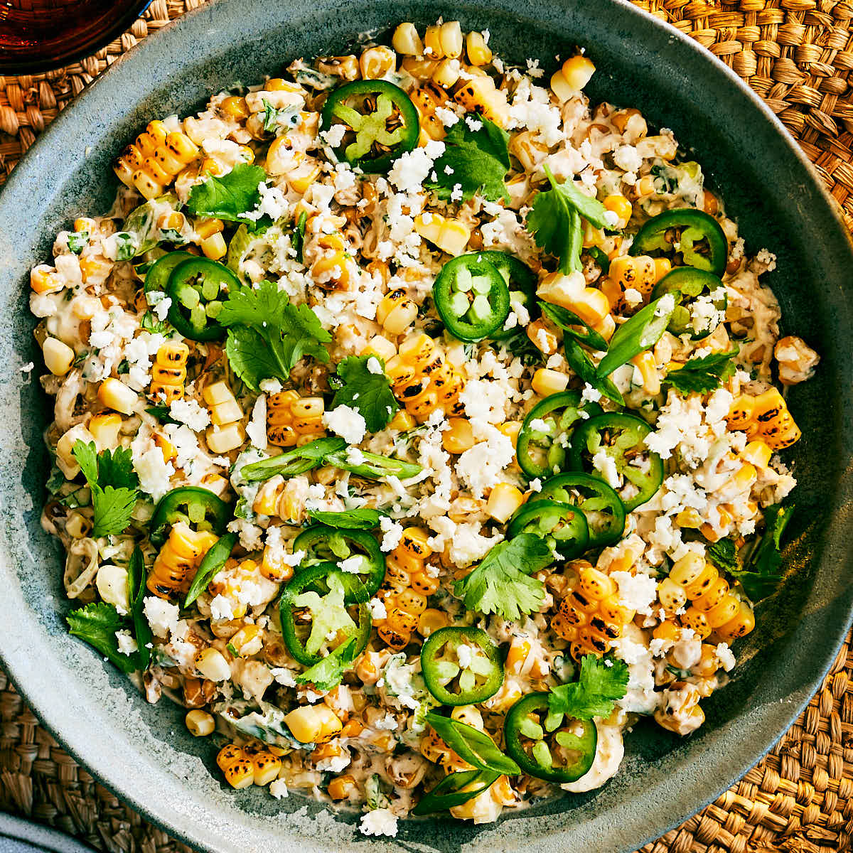 Evergreen Kitchen's Street Corn Dip with Cottage Cheese topped with cilantro and jalapeno.