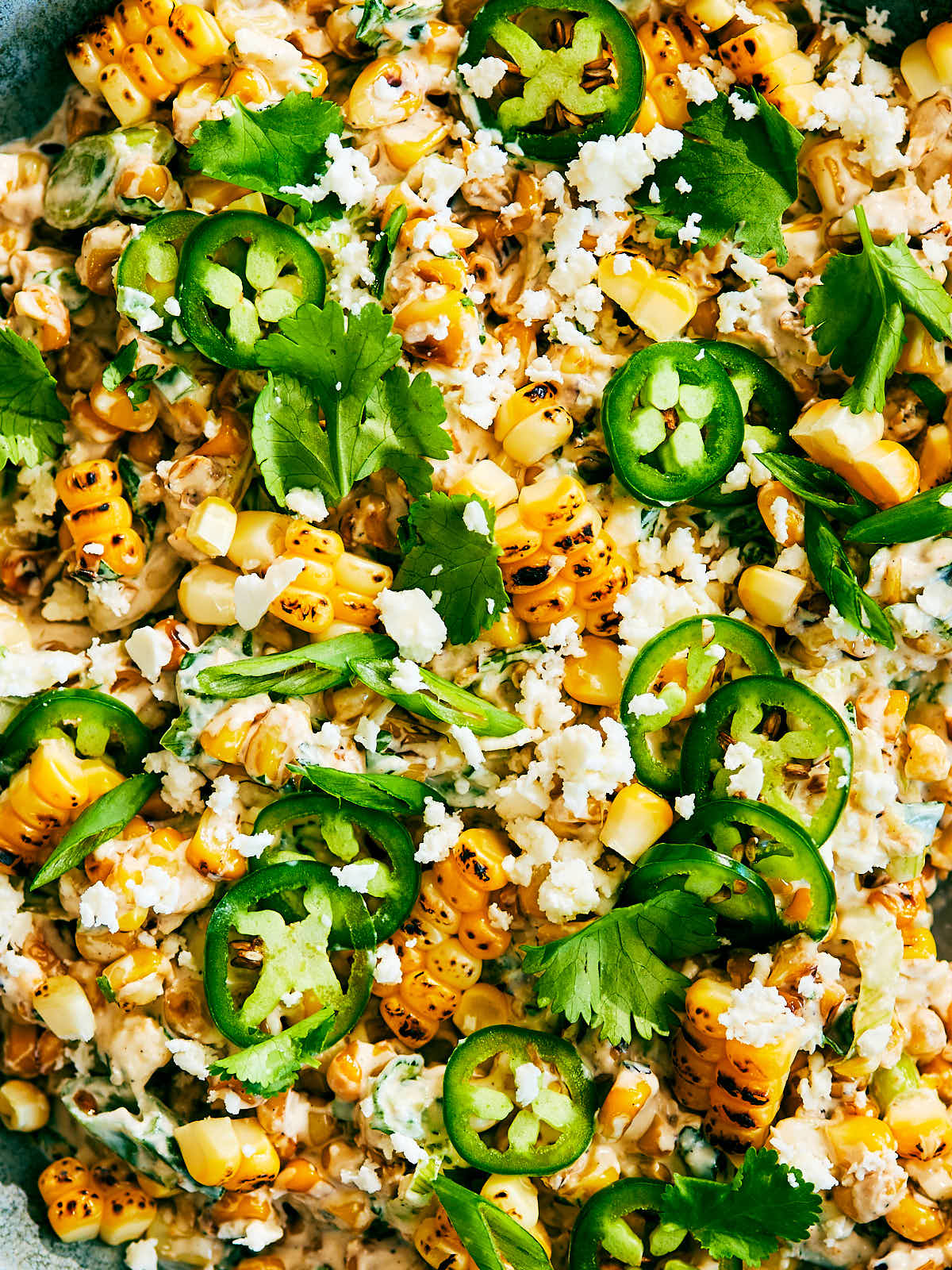 High protein Street Corn Dip with Cottage Cheese, jalapenos, crumbled cheese.