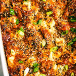 Vegetarian Bagel Breakfast Casserole with everything bagel spice and scallions.