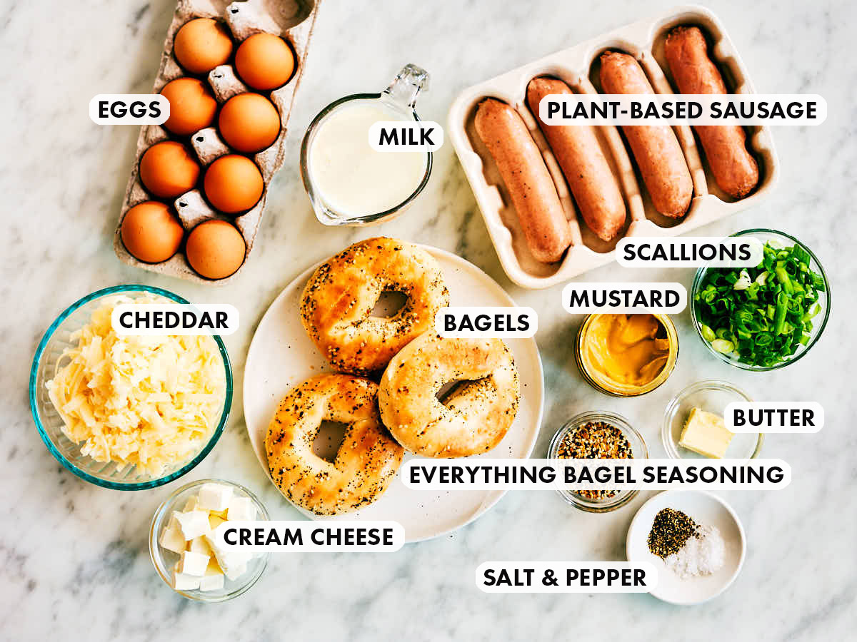 Ingredients to make Evergreen Kitchen's Vegetarian Bagel Breakfast Casserole.