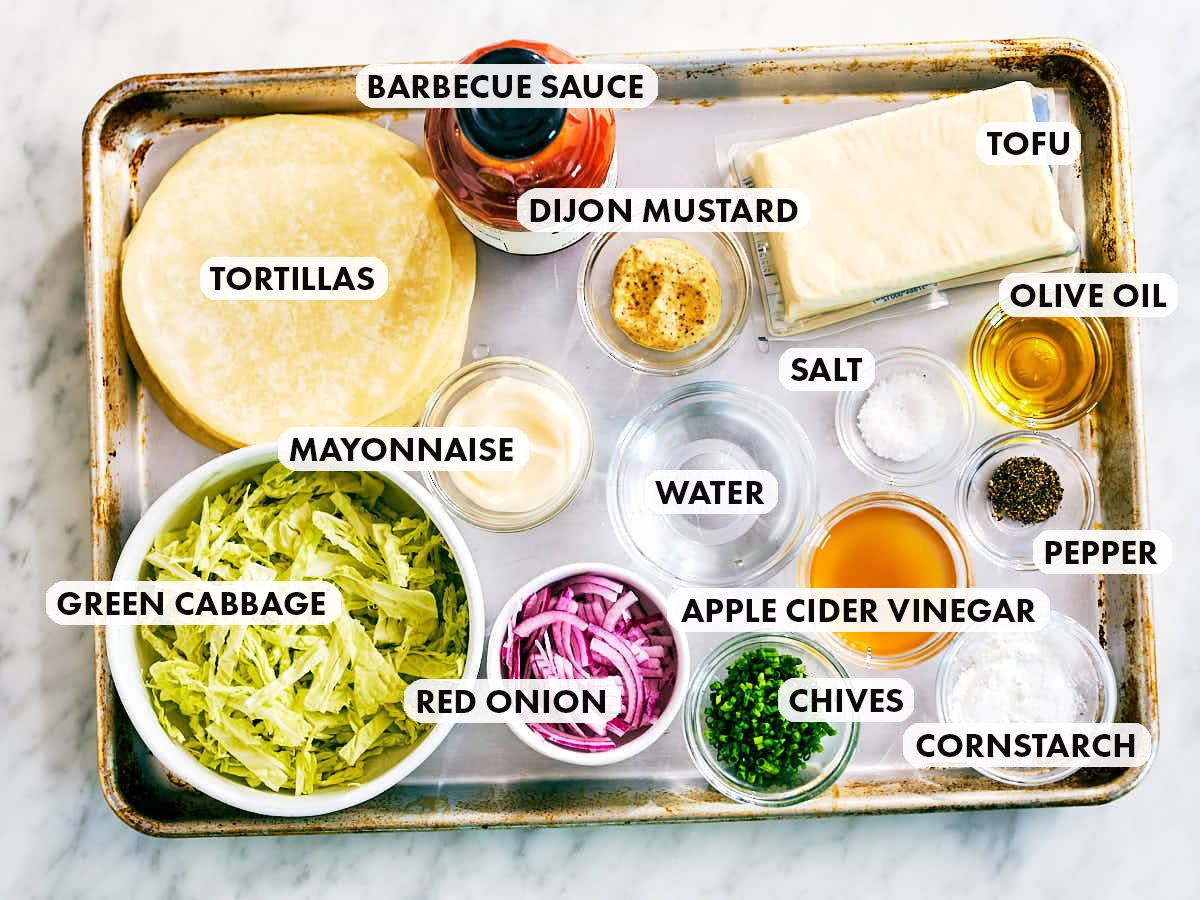 Ingredients to make Evergreen Kitchen's Sheet Pan Tofu Tacos with barbecue sauce.