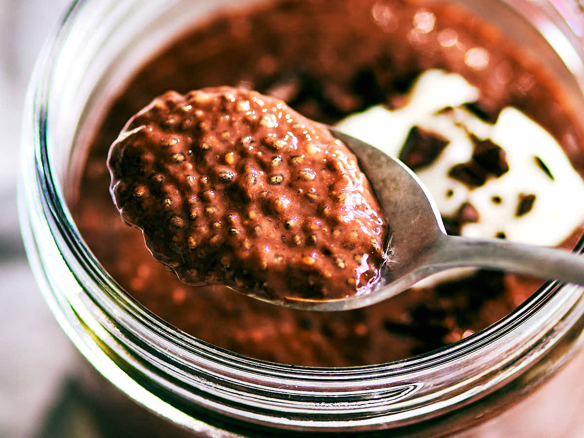 Evergreen Kitchen's High Protein Chocolate Chia Pudding on a spoon.