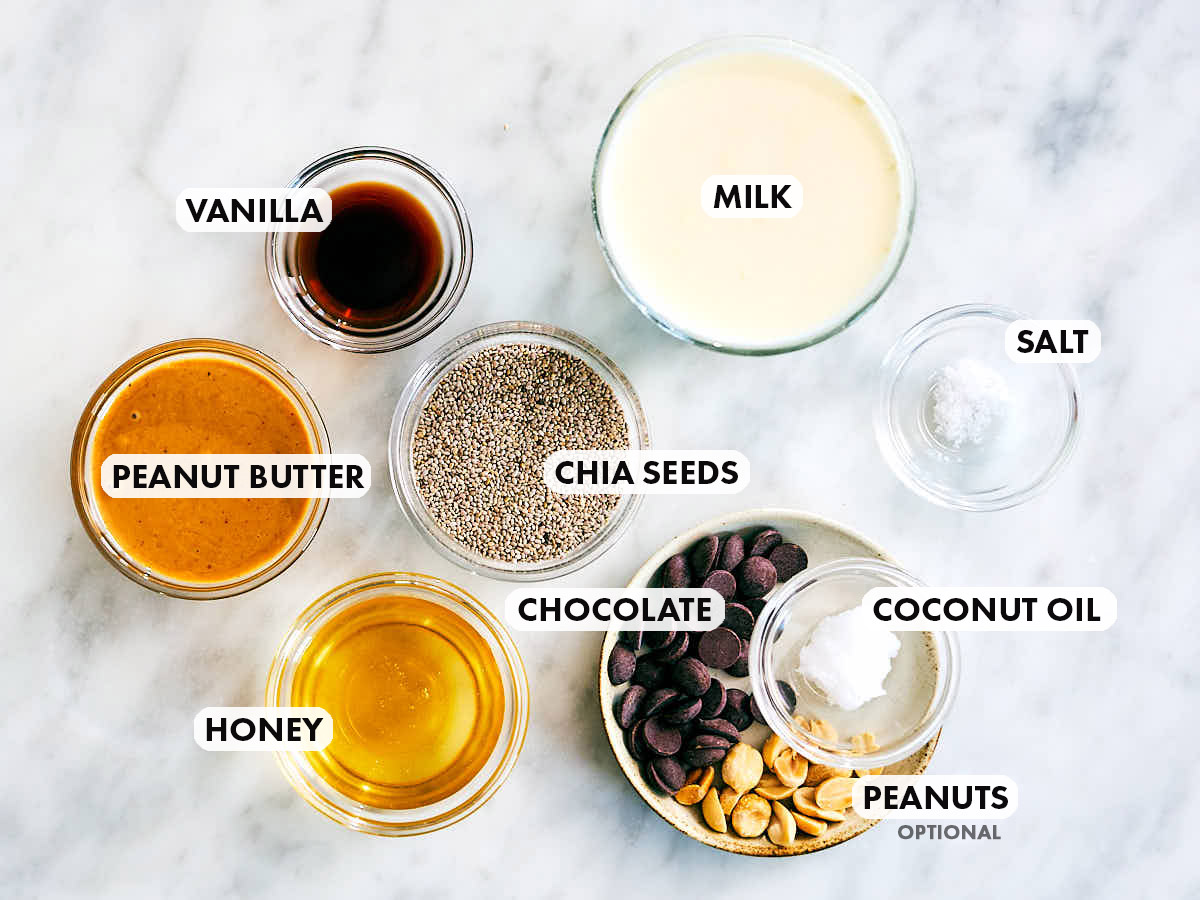 Ingredients to make Evergreen Kitchen's Chocolate Peanut Butter Cup Chia Pudding recipe.