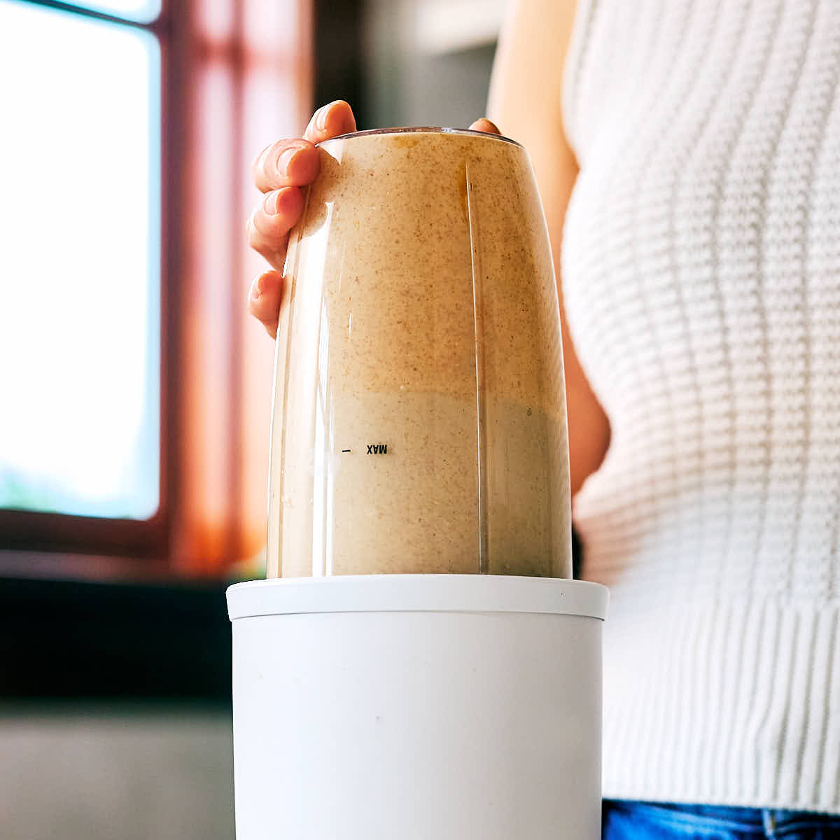 Peanut butter chia pudding in a blender.