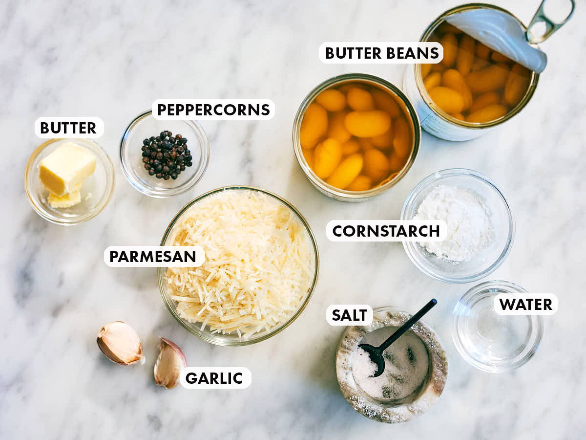 Ingredients to make Evergreen Kitchen's high protein Cacio e Pepe Beans recipe.