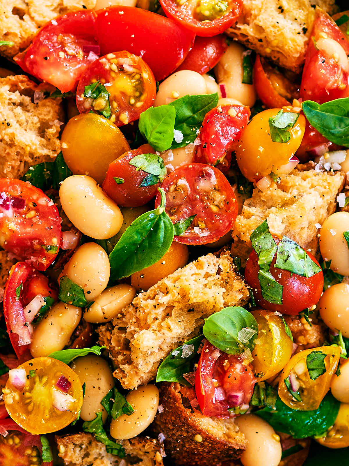 Tomato Panzanella Salad with white beans, fresh basil, and red onion.