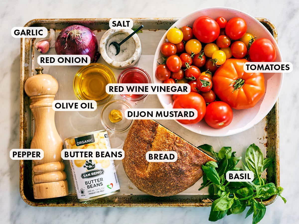 Ingredients to make Evergreen Kitchen's Panzanella Salad with Beans.