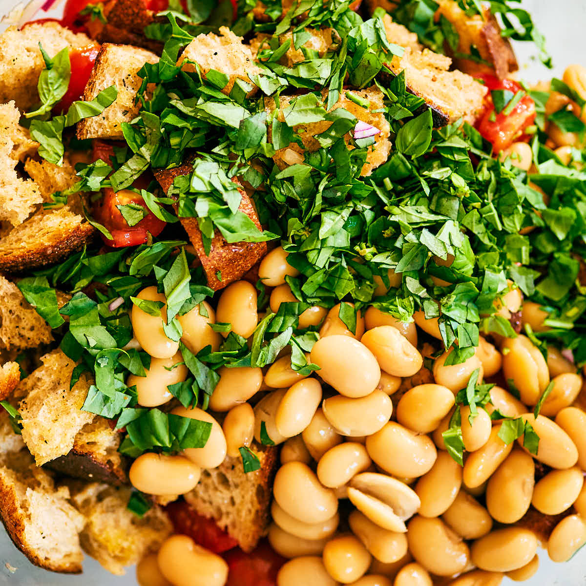 Tomatoes, toasted bread, white beans, and fresh basil in a glass bowl.