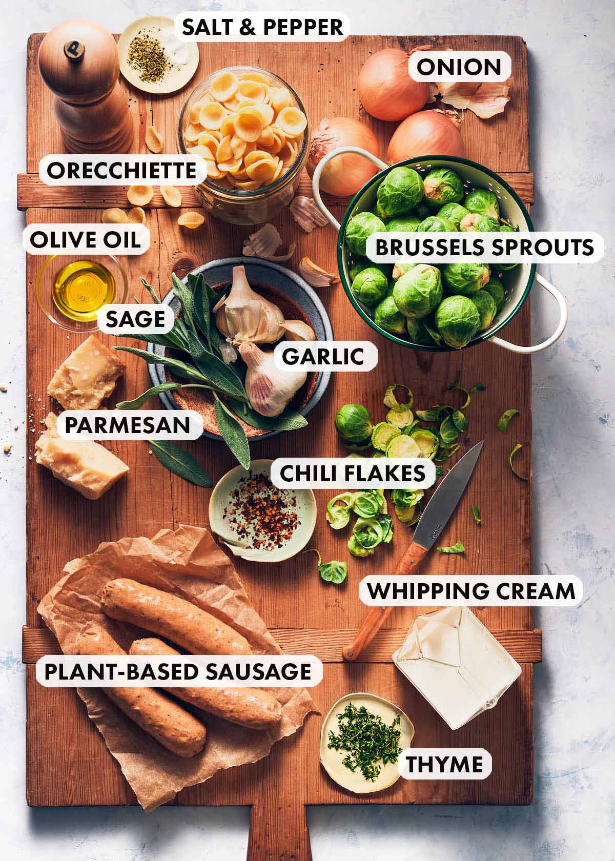 Ingredients to make Evergreen Kitchen's Brussels Sprouts Pasta with Vegetarian Sausage.