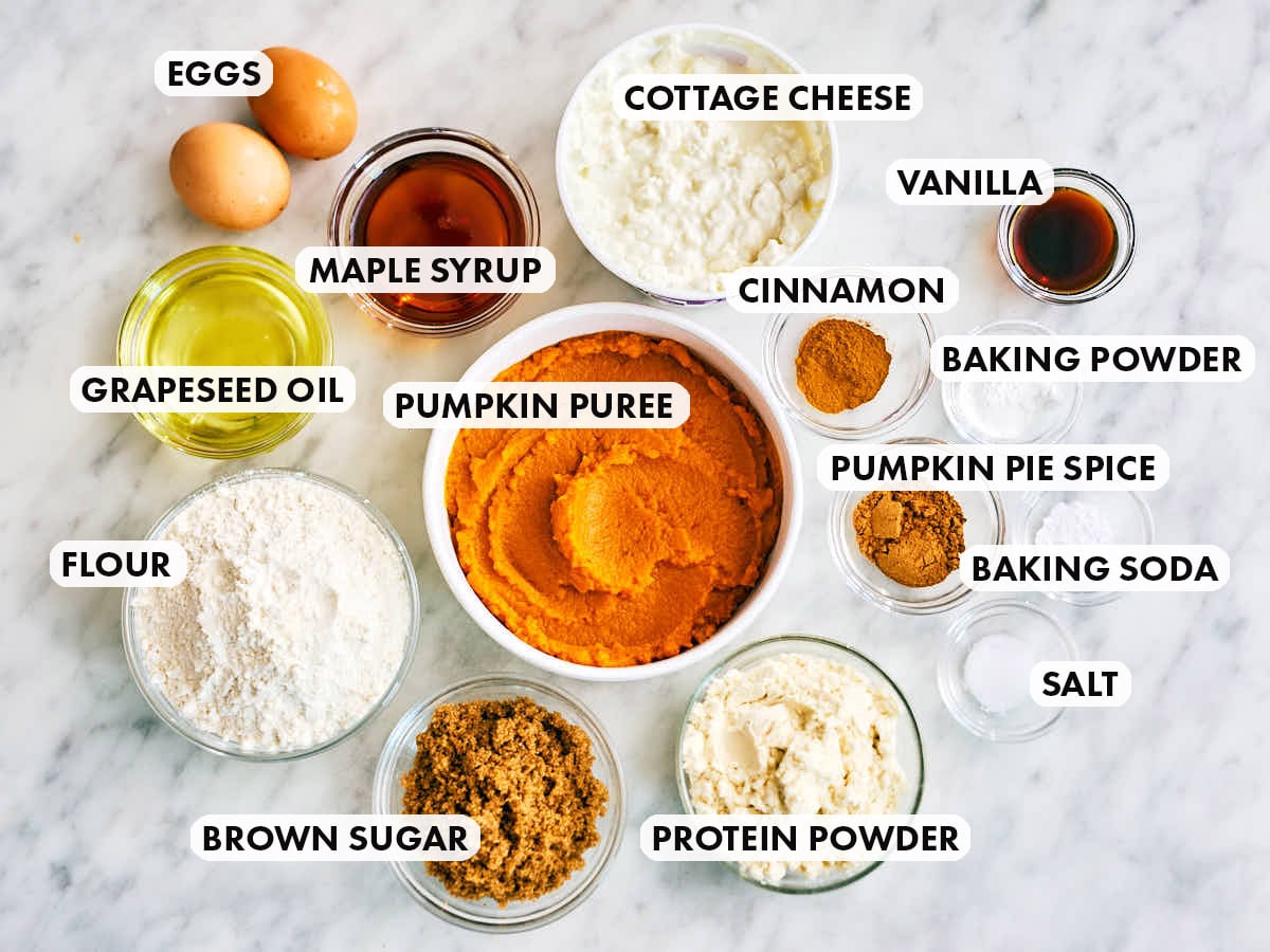 Ingredients to make Evergreen Kitchen's high protein Pumpkin Muffins with Cottage Cheese.